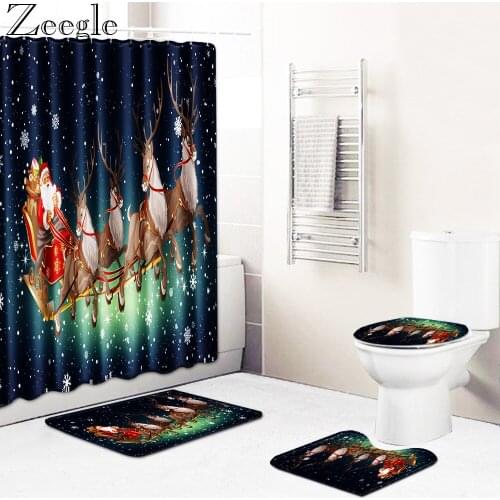 Zeegle 4pcs Christmas Bath Curtain Waterproof Shower Curtain Washable Bathroom Rug Set Absorbent Foot Mat Anti-slip Bath Mat Set