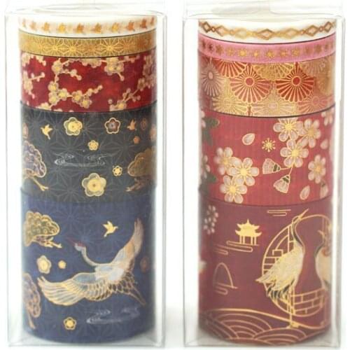 5 Rolls/ Set Chinese Style Bronzing Crane and Paper Tape Antique Hand Account Tape Lipstick Sticker DIY Decoration