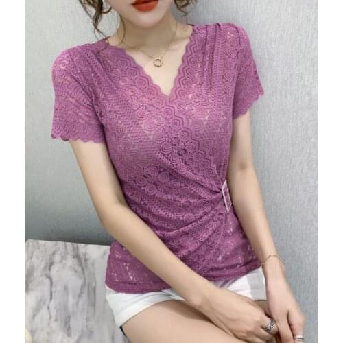5XL Women lace tops New Arrivals Summer short sleeve v-neck women blouse shirt Sexy Hollow out lace tops plus size blusas