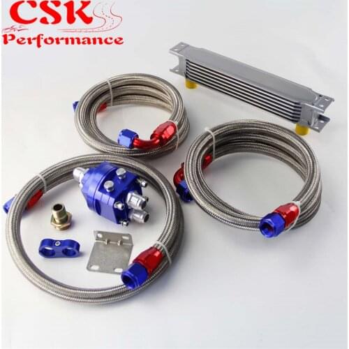 7 Row AN10 Universal Engine Transmission Oil Cooler British Type + Filter Adapter Kit Blue