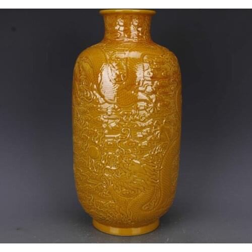 Antique Yellow Glaze Embossed Dragon Home Decoration Porcelain Flower Vase Collection Vase