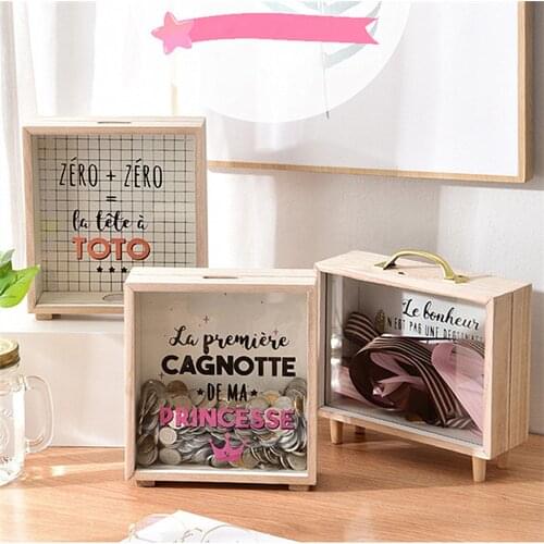 Wooden Coin Cash Bank Sundries Organizer Desktop Storage Box Decoration Ornaments Piggy Bank Container Photo Photography Props