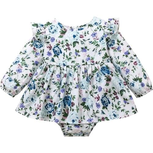 Baby Girls Casual Romper Blue Floral Printed Cotton Long Fly Sleeves Round Collar Ruffle Jumpsuit Baby Clothing Autumn