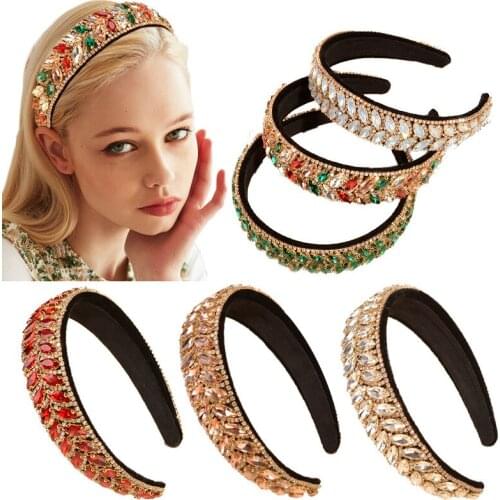 Europe Baroque Full Rhinestone Leaf Hairband Women Colorful 6 Colors Vintage Queen Court Hair Accessories Headband Broad Brimmed