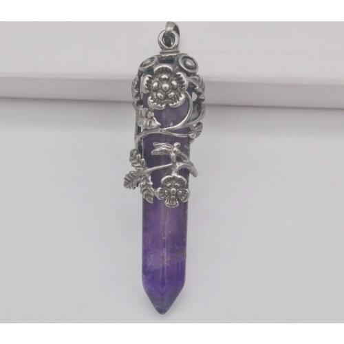 Purple Crystal Stone GEM Pillar Pendant Flower Plants Jewelry S235