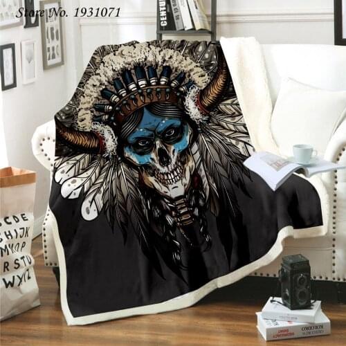 Indian Skull 3D Printed Fleece Blanket for Beds Thick Quilt Fashion Bedspread Sherpa Throw Blanket Adults Kids 05