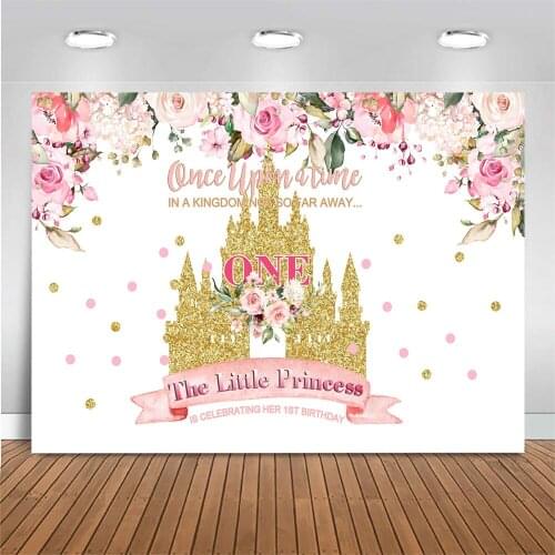 Baby 1st Birthday Backdrop Golden Castle Flowers Green Leaves Photography Background Girls Birthday Party Photo Background Decor