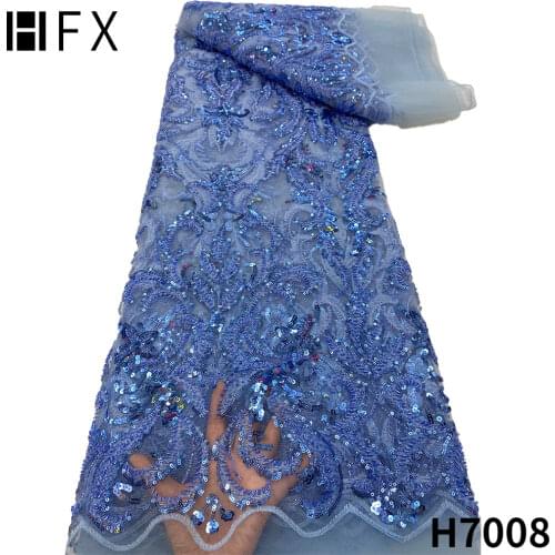 HFX Latest African Lace Fabric Embroidery French Sequins Lace Fabric 2021 Purple Tulle Lace With Beads For Wedding Dress F4559