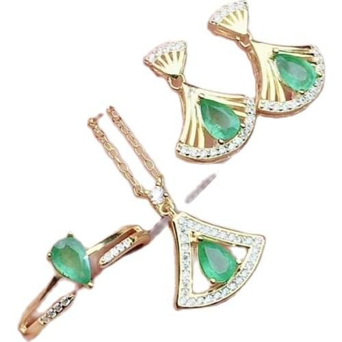 KJJEAXCMY boutique jewelry 925 sterling silver inlaid natural emerald female ring pendant necklace earrings set support review n