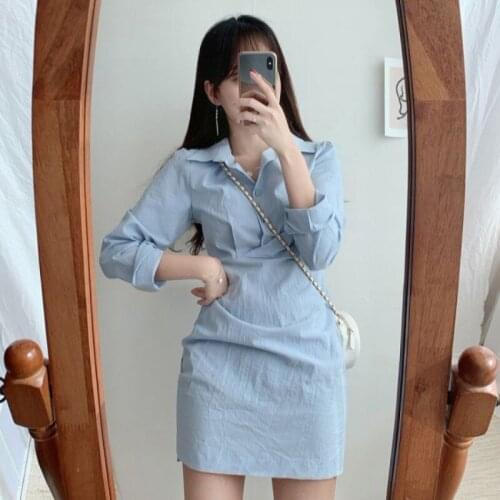 Preppy Style Chic Casual Retro Oversize Blue Long Sleeve Turn Down Collar Shirts Dress Women Mini Gentle Vestidos Mujer Fashion