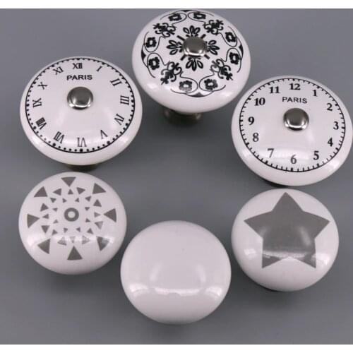 1PCS Kitchen Door Cabinets Cupboard Round Knobs Handles Star Clock Printed White Ceramic Porcelain Pull Handle Knob for kid room