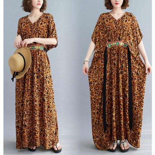 Summer Oversized Womens Bohemian Holiday Dress Embroidery Waist Loose Retro Leopard Print Long Maxi Dress Female Robes zh609