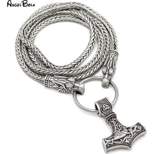 Fashion Punk Style Stainless Steel Thors Hammer Viking Wolf Head Hammer Scandinavian Wolf Pendant Necklace Gift Jewelry