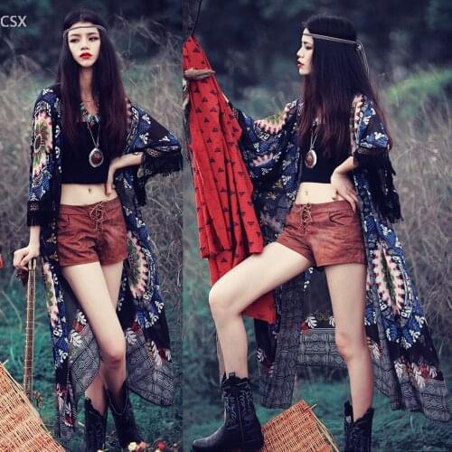 MwOiiOwM 2018 Womens Casual Vintag Bohemia Cardigan Floral Pattern Printed Chiffon Loose Blouse Tops Free Shipping