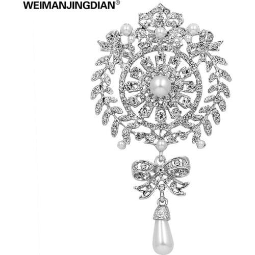 New Fashion Large Size Crystal Diamante and Imitation Pearl Drop Scroll Brooches for Women or Wedding