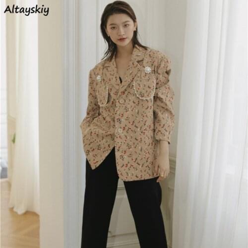 Blazers Women Vintage Floral Outwear Summer Elegant Fashion Notched Collar All-match Korean Style Long Sleeve Retro Streetwear