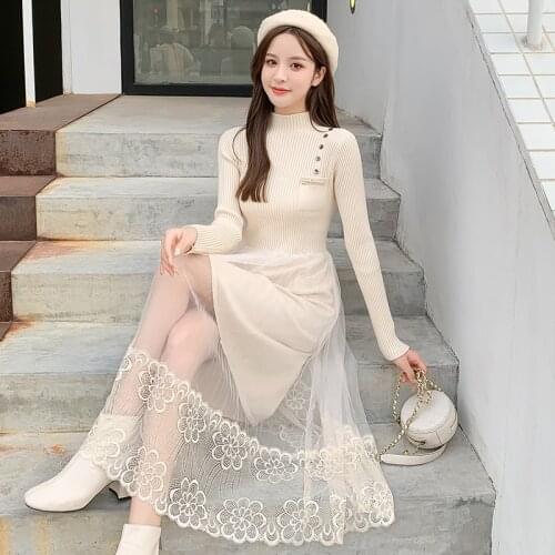 Winter Spring Sweater Dress Knit Long Pullover Lace Patchwork Long Sleeve Bottom Dress Slim Fitted High Waist Turtleneck Korean