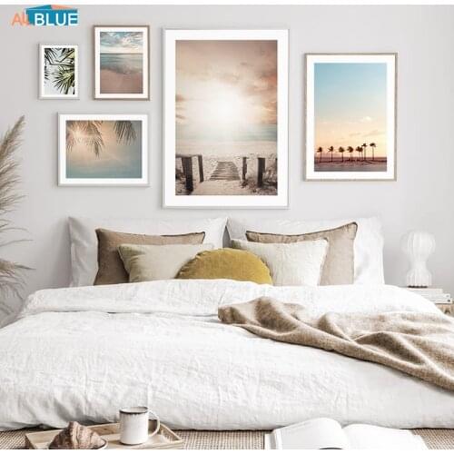 Nordic Print Sunset Ocean Beach Nature Landscape Decoration Poster Palm Plant Wall Art Canvas Painting Picture Modern Home Decor