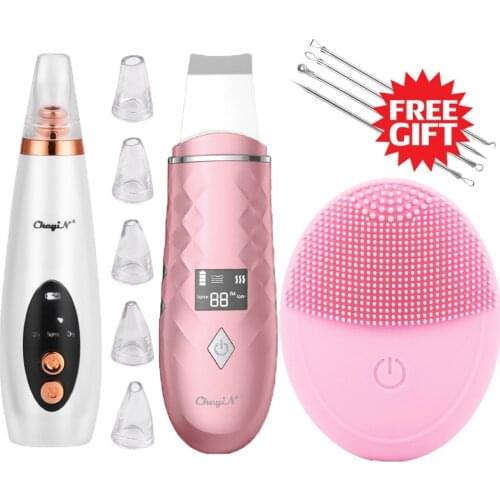 Professional Face Cleansing Kit Vacuum Blackhead Remover Ultrasonic Skin Scrubber Silicone Facial Brush Electric Face Clean Set