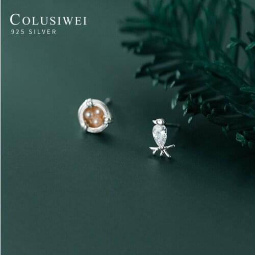 Colusiwei New Trendy 925 Sterling Silver Cear CZ Birds Nest Asymmetry Stud Earring for Women Mini Tiny Ear Pin Fine Jewelry Gift