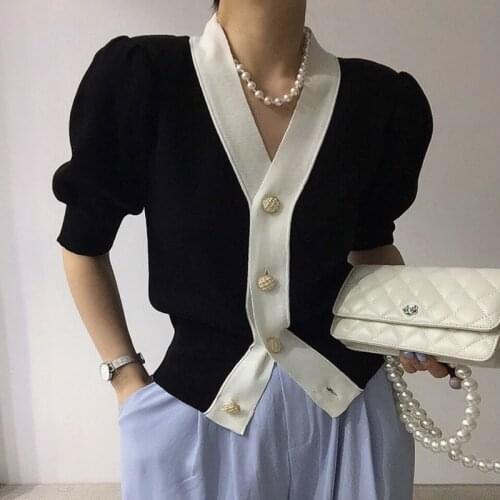 Office Lady Knitted Summer Top Women Short Sleeve V Neck Thin Fashion Cardigan Women Patchwork Slim Buttons Sweaters Tops