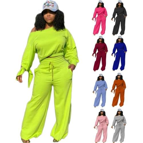 Tracksuit Sweatsuit Set Pullover Long Sleeve T-Shirts Pockets Wide Leg Pants Off Shoulder Top Sexy Women Two Piece Outfits