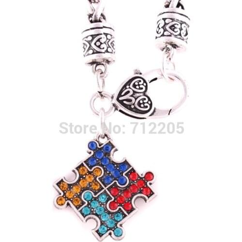 10PCS Wheat Link Bracelet Chain with Autism Hope Multi-Colored Crystal Puzzle Pendant with Lobster Claw Bracelet