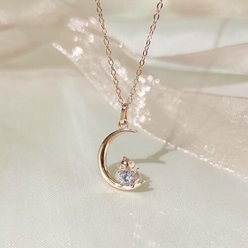 925 Silver Moon Mouse Charm Pendant Necklaces For Women Fortune Golden Mouse Clavicle Chain Fashion Jewely