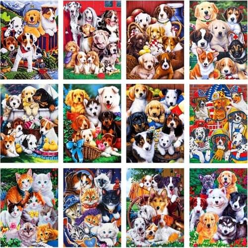 5D DIY Dog Cat Family Diamond Painting Cross Stitch Cartoon Animal Scenery Full Drill Mosaic Embroidery Living Room Decor Art