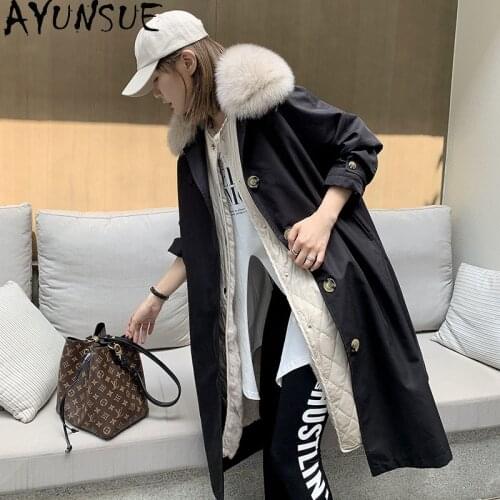 AYUNSUE Real Fur Coat Women Winter Jacket Long Woman Parkas Natural Fox Fur Collar Rabbit Fur Liner Warm Donna Parka KJ6501