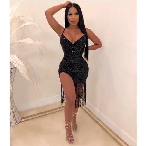 Sparkly Gold Sequins Sexy Dresses Woman Party Night Birthday Tassel Split Sleeveless Midi Bodycon Dress BC317