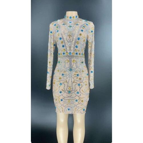 Women Sexy Sparkly Rhinestones Transparent Dress Jazz Dance CostuBirthday Party Celebrate Outfit Stage Prom Nightclub Dance Wear