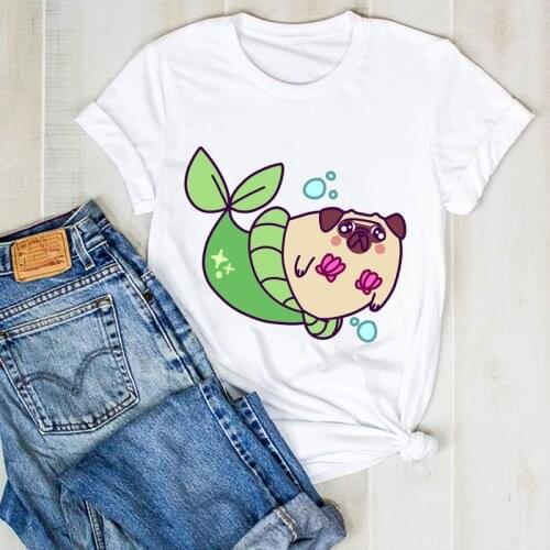Women Print Lady Dog Pet Summer Fish Mermaid Print Ladies Clothes Graphic T Tee Female Top Tshirt Womens Shirt Clothing T-shirt