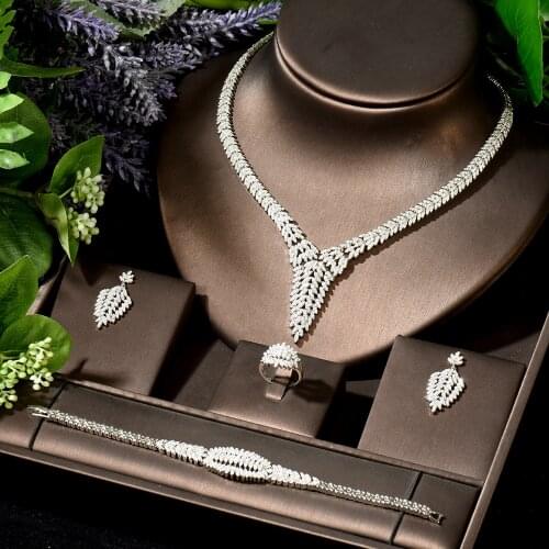 HIBRIDE Charming 4PCS Necklace Earrings Set Leaf Design Cubic Zirconia Jewelry For Women Wedding Got Engaged Accessories N-1919