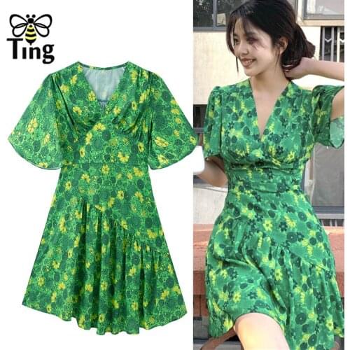 Tingfly Summer Bohemian Floral Print Green Mini Short Dress Skinny Lady Girl V Neck Casual Holiday Vestidos Frocks For Women Za