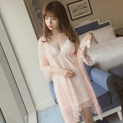 Halter belt nightgown womens summer spring and autumn sexy sleepwear two-piece set with chest cushion lace princess robe