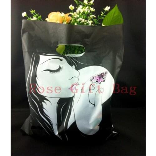 Wholesale 100pcs 25x35cm Large Plastic Shopping Bag For Boutique Gift Packaging Lady Print Black Plastic Gift Bags With Handle