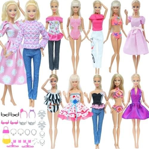 Wholesale Set Doll Outfit Mini Dress Daily Casual Wear Pants Beach Bikini + Random Doll Accessories Clothes for Barbie Doll Gift