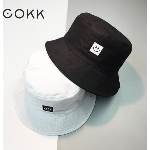COKK Summer Hat Women Mens Panama Bucket Hat Smile Face Design Flat Sun Visor Fishing Fisherman Bob Hat Chapeu Femmes Hip Hop