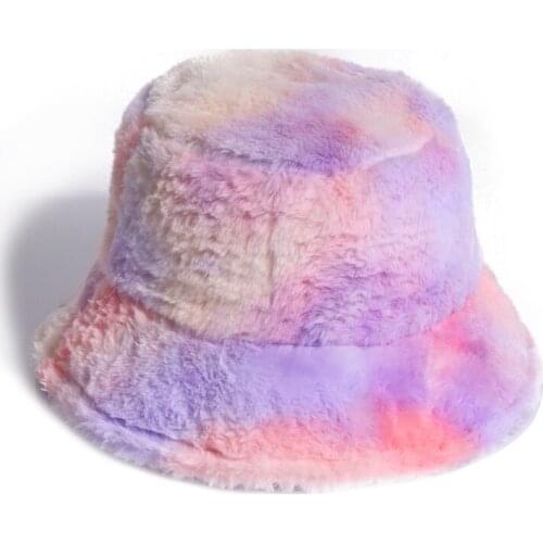 Rainbow Faux Fur Bucket for Women Girl Tie Dye Soft Warm Fishing Cap Fisherman Pink Gorros Winter Lady Gifts Hat for Lady
