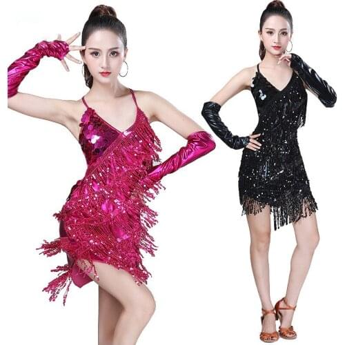 Sexy Shining Sequin Latin Dance Dress Women Girls Sling Halter Dress Sequin Tassel Costumes For Stage Ballroom Competition