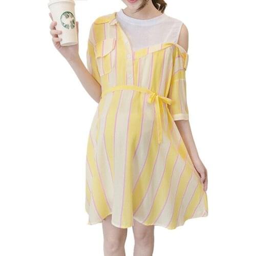 Off Shoulder Striped Soft Cotton Maternity Dress Turn-doen Collar Sweet Girl Fake Two-piecs Dresses Clothes For Pregnant Woman