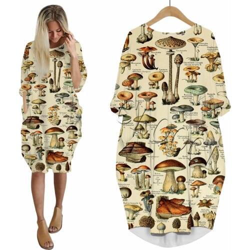 CLOOCL Popular Retro Mushroom 3D Printed Dress Fashion Funny Women Dress with Pockets Party Clothing Long-sleeve Female Dress