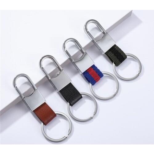 Luxury PU Leather Keychain Fashion Metal Nylon Stripe Key Chain Men Women Waist Hanging Car Keyring Male Classy Business Gift