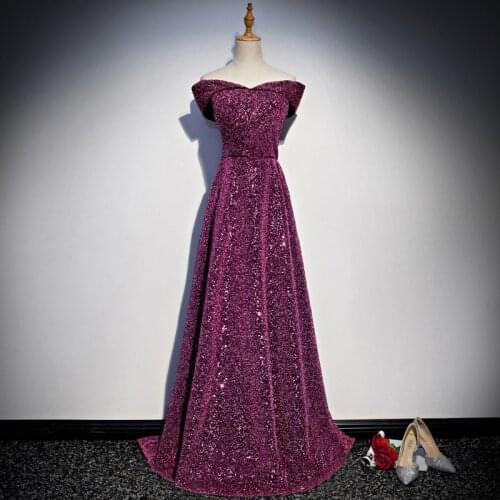 Rose Red Sequins Evening Dress Boat Neck Off the Shoulder A-line Floor-length Plus Size Customized Party Women Dress R1282