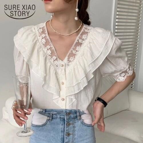 Chic Lace Ruffled Blouse Women 2021 New Korean Vintage Palace Style V-neck Puff Short Sleeve Shirt Fashion Loose Slim Top 13762