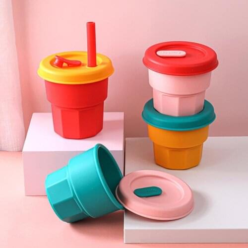 1 Set 300ML/400ML Water Cup Flexible Heat-resistant Silicone Unbreakable Straw Tumbler Jug Home Picnic Cup rangement