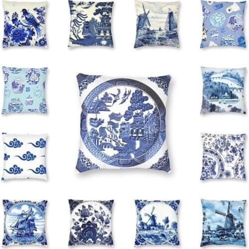 Vintage Navy Blue Indigo Pattern Square Pillow Cover Decoration Blue Delft Cushion Cover Throw Pillow for Living Room Printing