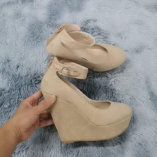 Women Pumps Sexy 14cm Flock Buckle Bowtie Ankle Strap High Heels Platform Wedges Female Pumps Womens Red Wedding Shoes