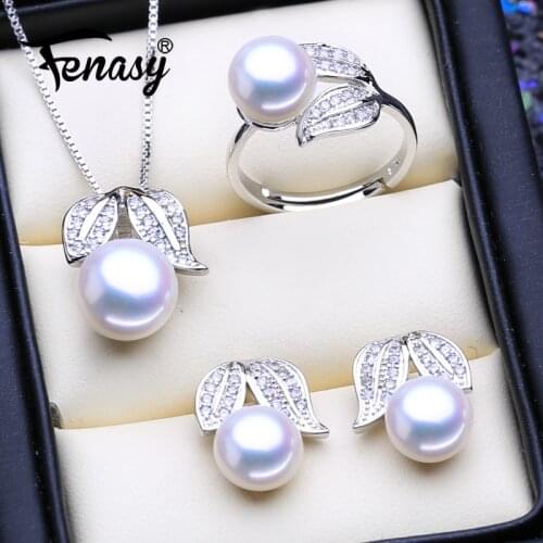 FENASY 925 Sterling Silver Jewelry Sets Natural Pearl Stud Earrings Custom Bohemian Pendant Chain Necklace For Women Ring Set